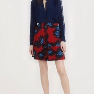 J Crew Firework Floral Red & Navy Blue Fit Flare Fall  Women's Mini A Line Skirt